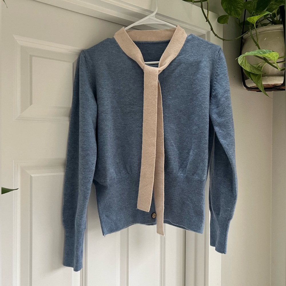 Blue wool sweater with ivory collar trim
